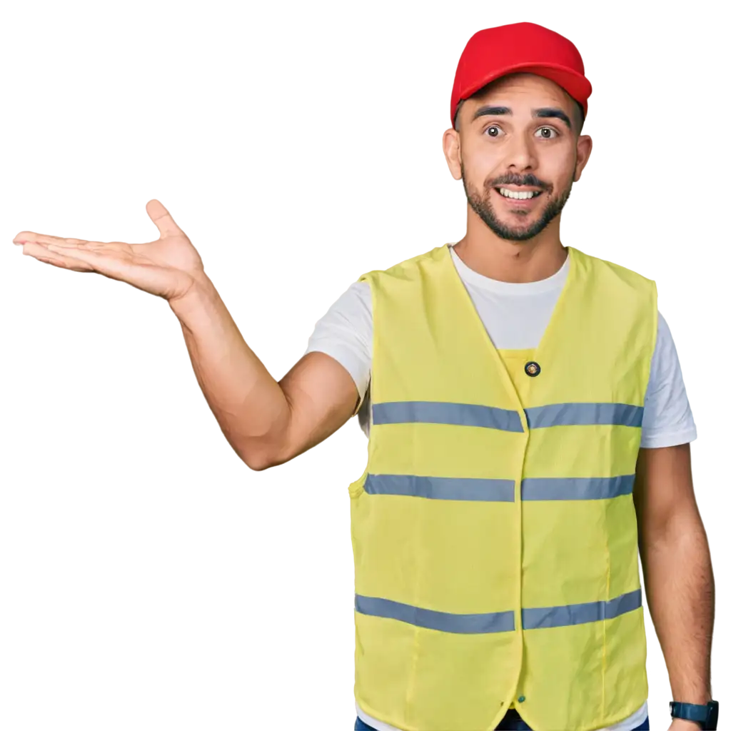 a character of a man wearing a yellow vest and a red hat on his head