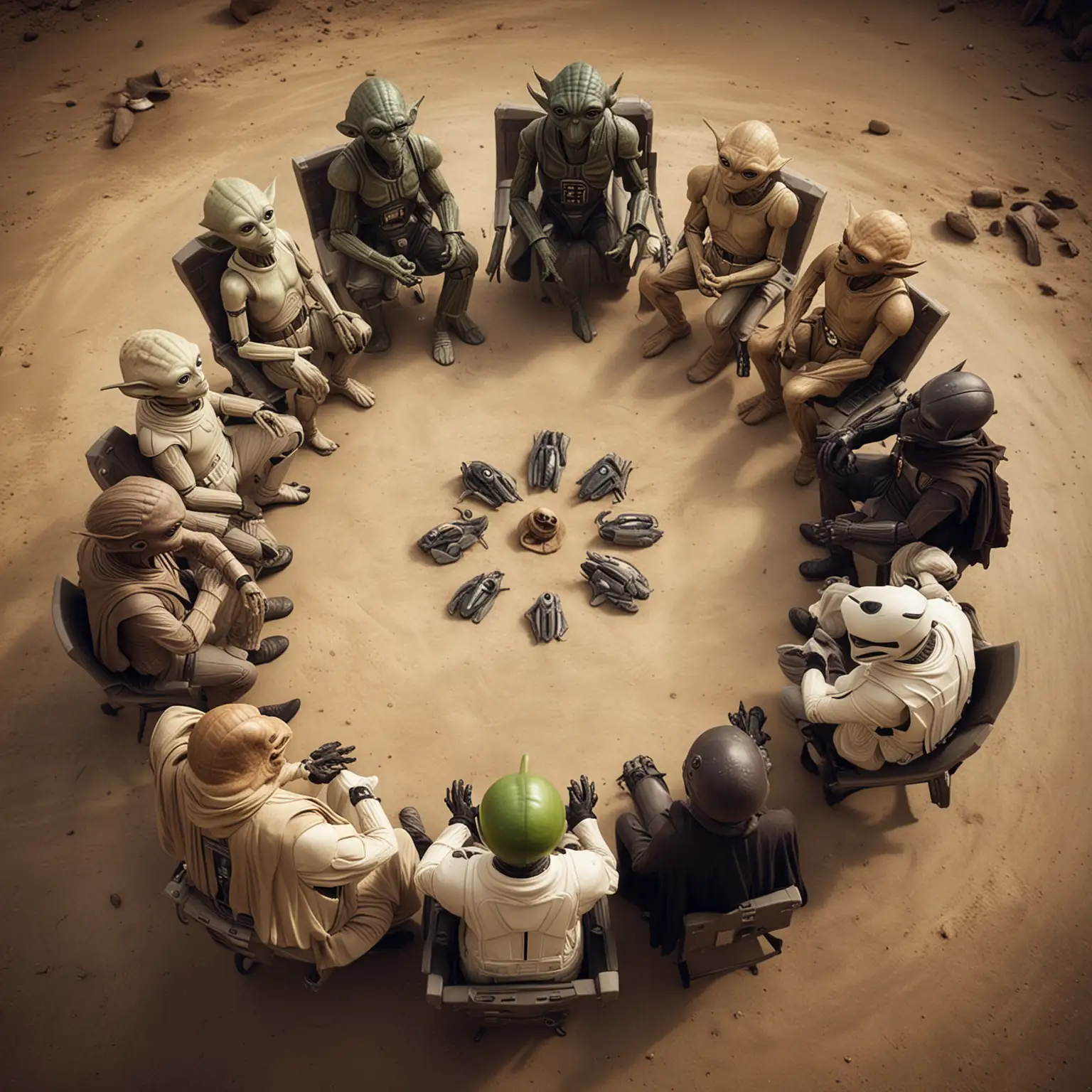 a circle of aliens, sitting in terapy, several species. star-wars style. positive mood.