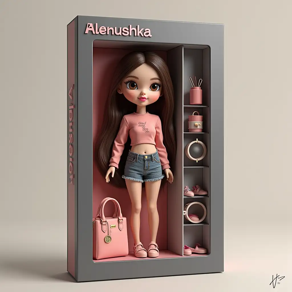 Create a collectible action figure of a person - like an expensive toy in packaging. Style: as realistic as possible, like for advertising or storytelling (aspect ratio 9:16). Main points: This is a 3D doll in the style of Bratz, made of soft touch plastic. Character - full size, repeating appearance and outfit from the first photo. Copy every detail: hairstyle, lips, eyes, facial features and proportions. Clothes - exactly, with an emphasis on style and textures. Doll lies in a plastic recess that repeats its silhouette. Packaging: gray Style of the box is modern. Box: transparent plastic in front, cardboard back. Colors ... The name of the character Alenushka should be written at the top of the box - letters are embossed and engraved on the box Accessories inside the box: Laid out next to the doll according to their places in separate cells: …(Vogue magazine bag, glasses and) accessories - as photorealistic and detailed mini versions. Key: style, visual and detailing - like a premium collectible toy
