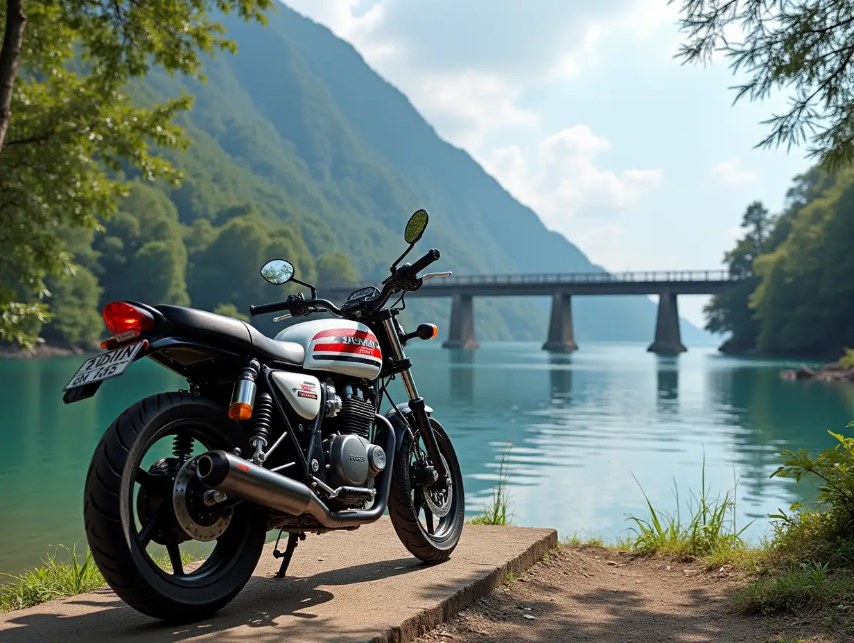 Moto suzuki gn 125 in a hanging lake bridge and in the background the sea