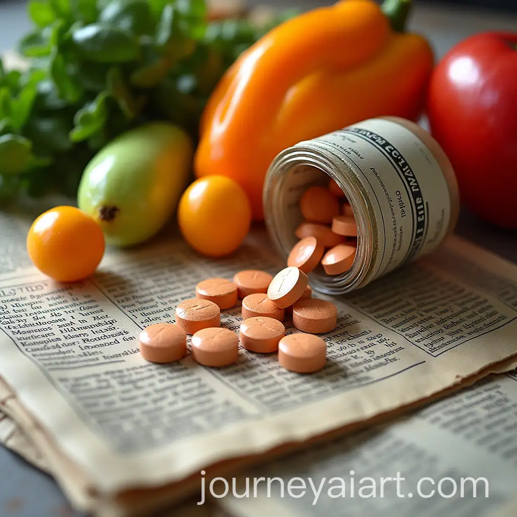 Assorted-Fruits-Vegetables-Newspapers-and-Medications-on-a-Table