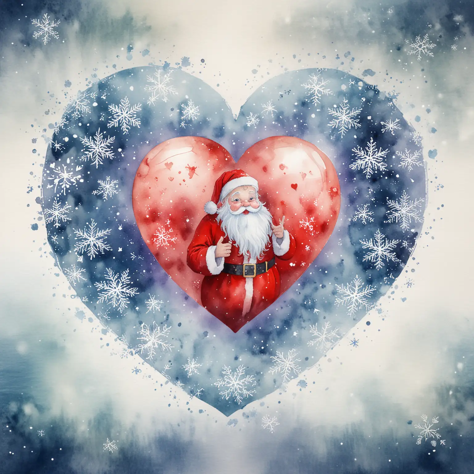 Translucent Watercolor Heart with Santa Claus and Snowflakes