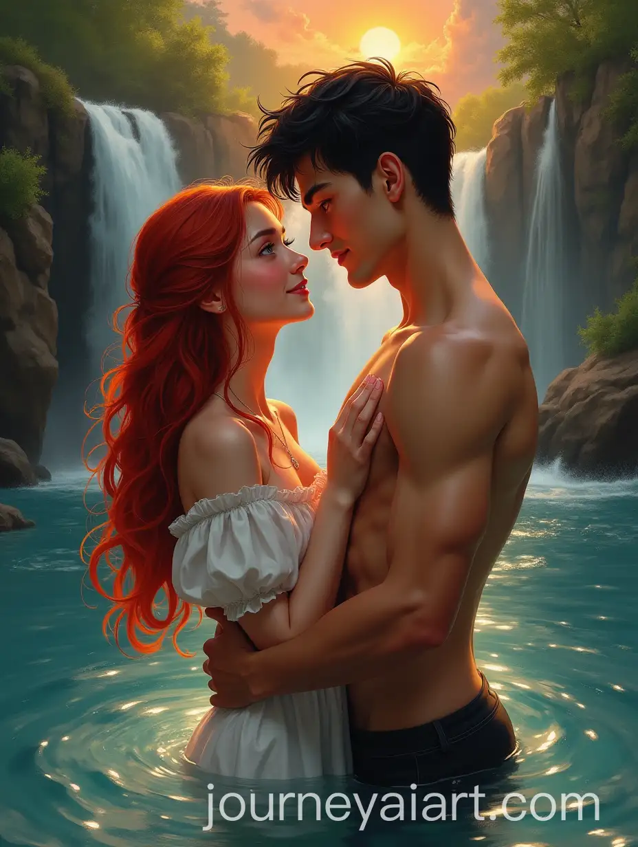 Couple-Embracing-in-a-River-with-a-Waterfall-at-Sunset