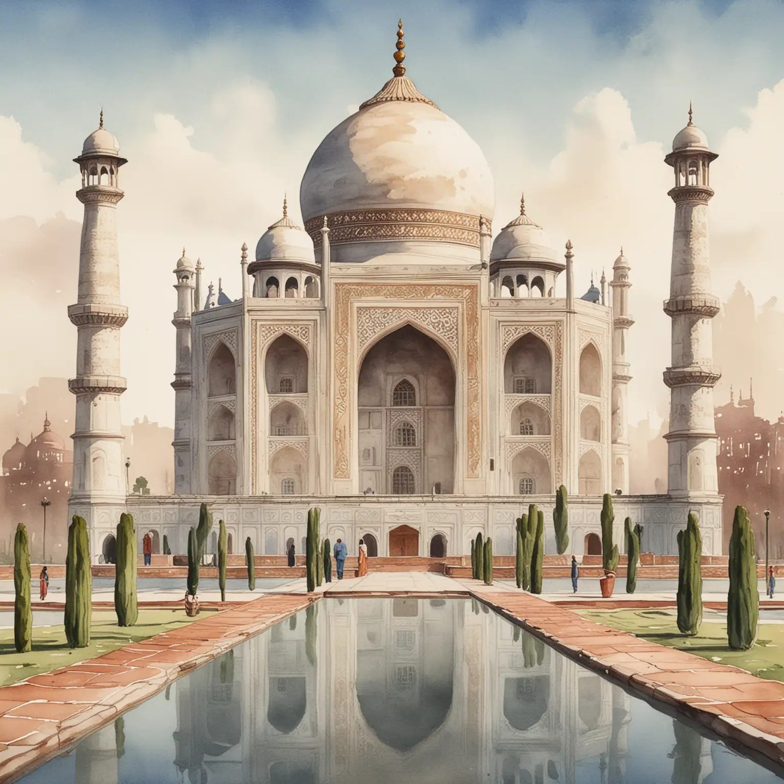 Realistic Watercolor Illustration of an Indie Taj Mahal Building