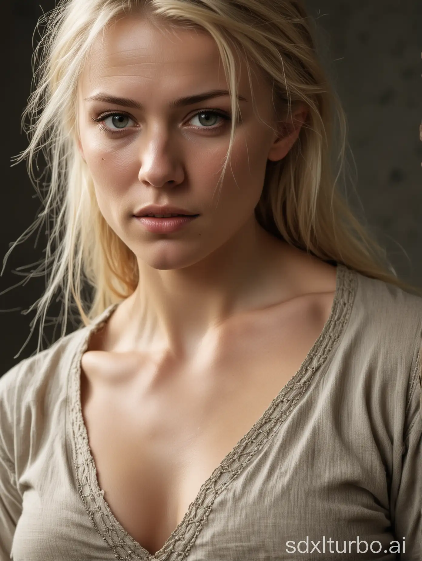 Muscular-Blonde-Female-in-Nordic-Medieval-Attire-with-Scars-on-Face-and-Chest