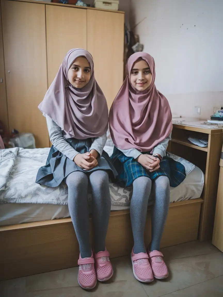 2 girls, Turkish, 14 years old, hijab, school skirt, gray tights, tight blouse, pink small run shoes, sitting on the bed, in room, elegant pose, very beautiful