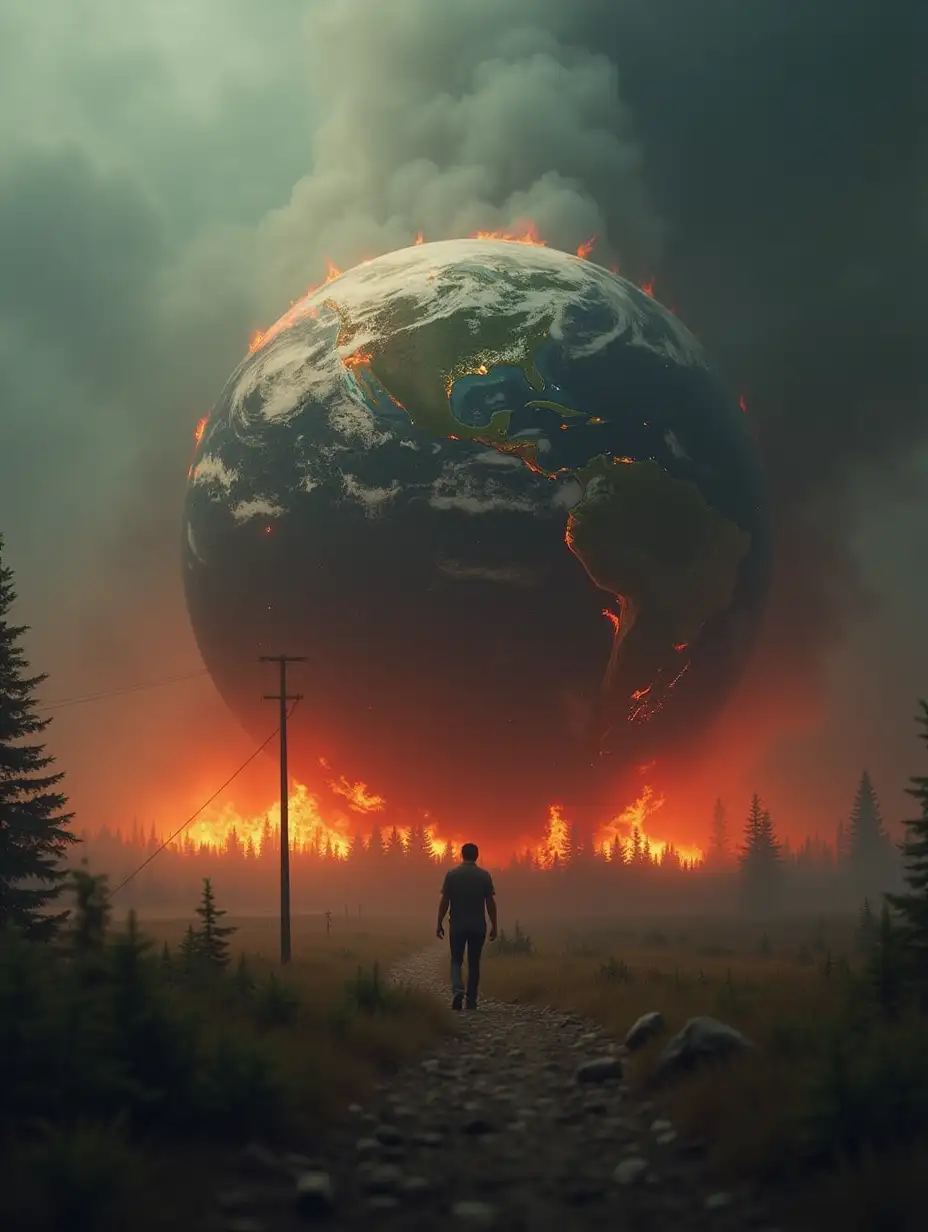 The sphere quickly falls to the ground, destroying all the earth. All fires and trees are burning, instilling fear. The camera remains stationary, and steam emanates from the sphere