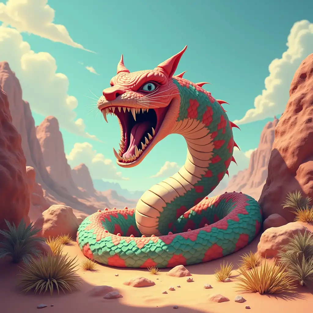 Create an image a colorful giant snake with cat's face 10 meters long with open mouth and long teeth between mountains with sand, rocks and plants and love for detail of parts and lighting.