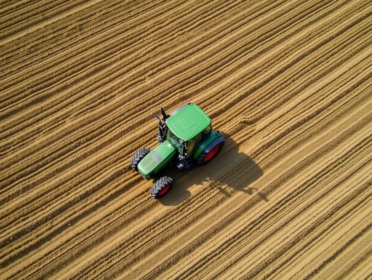 field, top view, photo, planted with diagonal lines, tractor driving