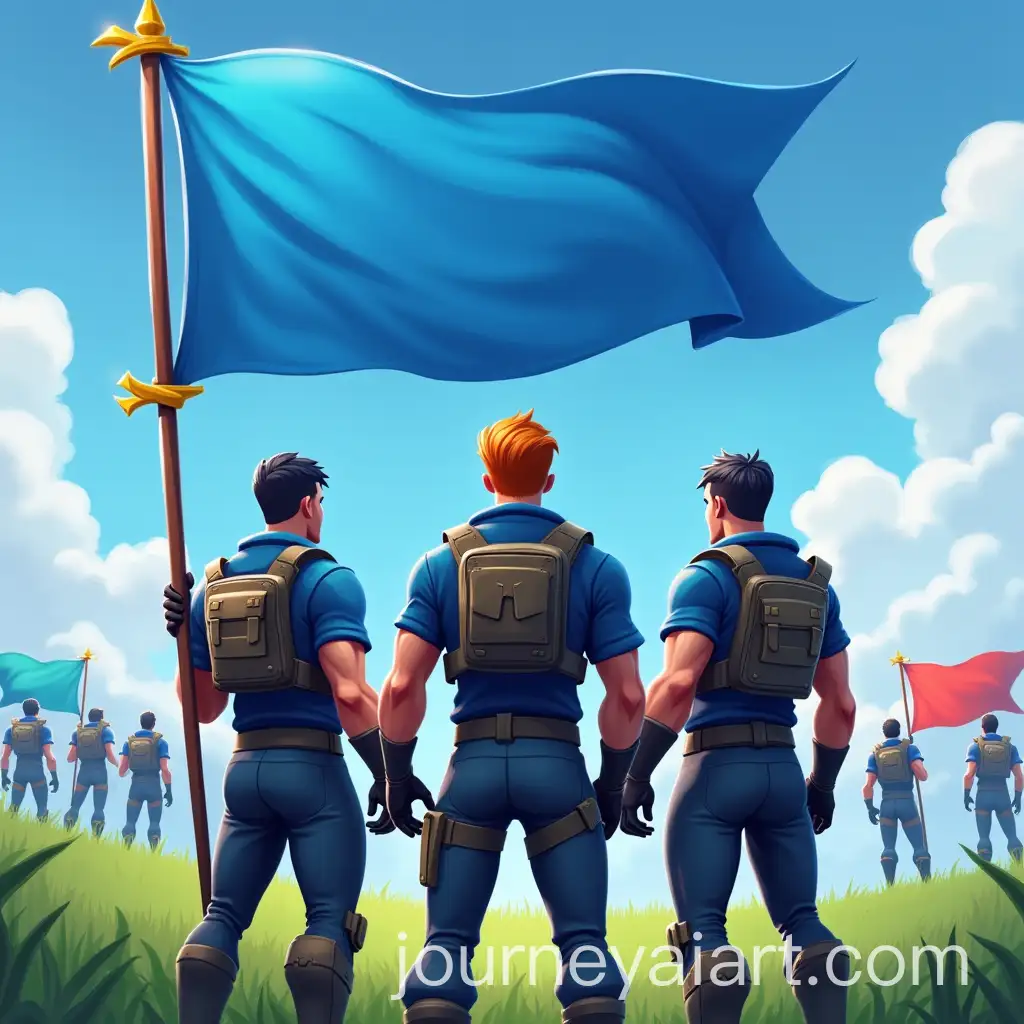 Four-Fortnite-Players-with-Banners-in-a-Warzone-Battlefield