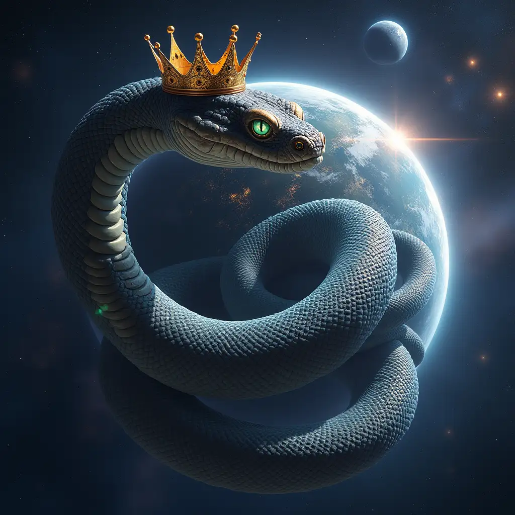 a huge space snake with a crown on its head, coiled around planet Earth and winking at viewers. Fantastic art style.