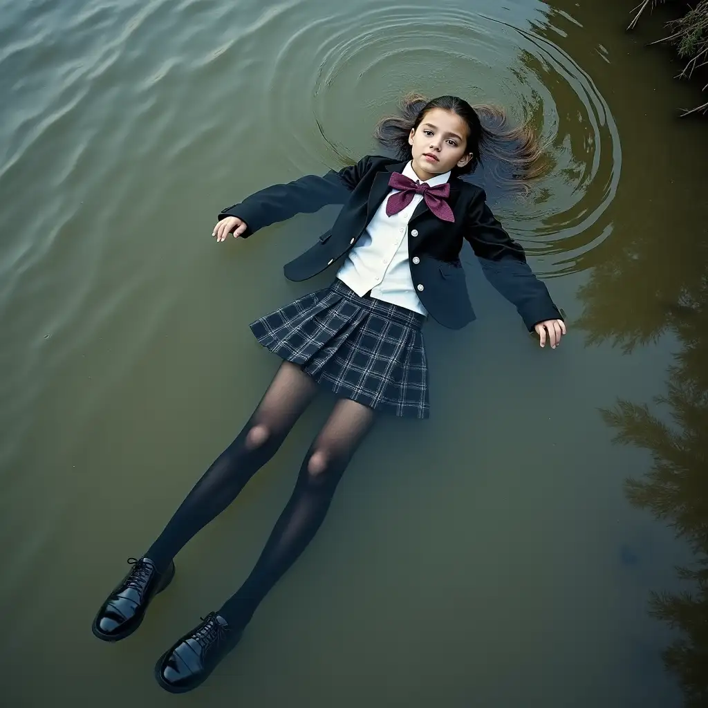 A young schoolgirl in a school uniform, in a skirt, jacket, blouse, dark tights, high-heeled shoes. She is swimming in a dirty pond, lying underwater, all her clothes are completely wet, wet clothes stick to her body, the whole body is underwater, submerged in water, under the surface of the water, below the water's edge.