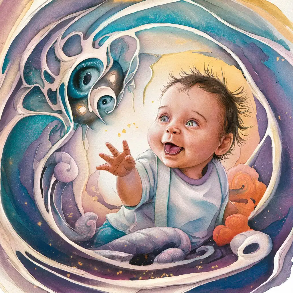 A Baby or Pet Reacting to Something Unseen With an alcohol ink and watercolor background.