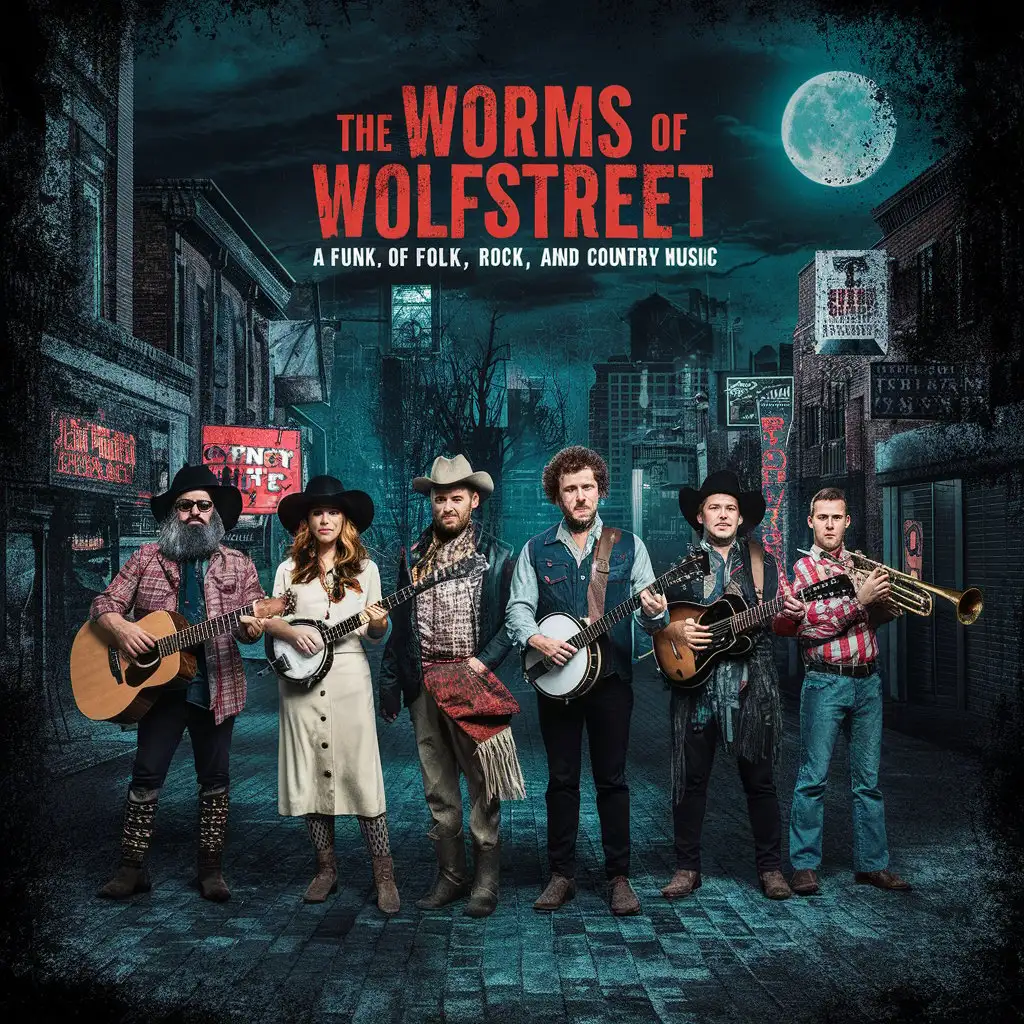 Сгенерируй обложку панк фолк рок кантри группы с названием " The Worms of Wolfstreet "