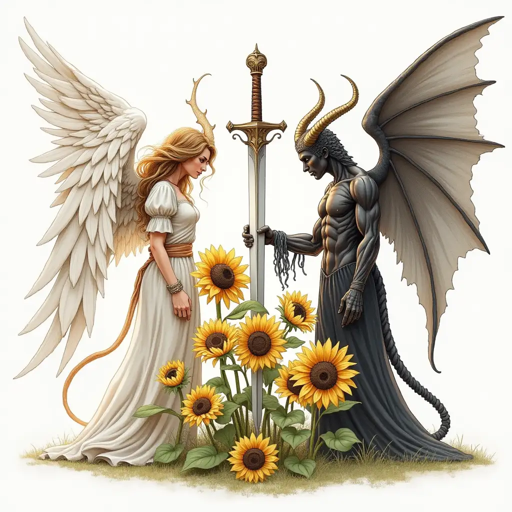 Angel and Demon with Sword Among Wilted Sunflowers