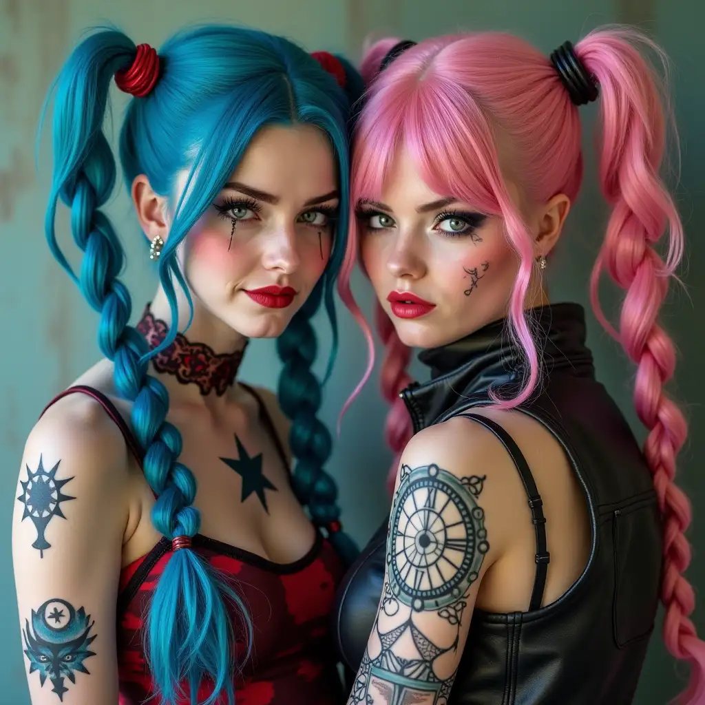 HarlequinInspired-Girls-with-Blue-and-Pink-Braids-in-Defiant-Poses