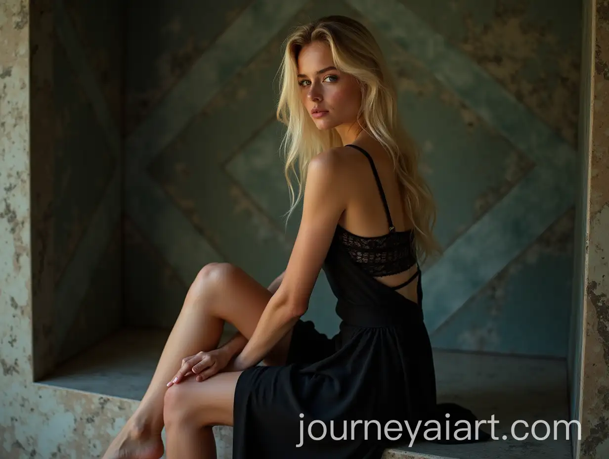 Sexy-Woman-in-Black-Strapless-Midi-Dress-Posing-in-Fantasy-Crypt-with-Magic-Wind