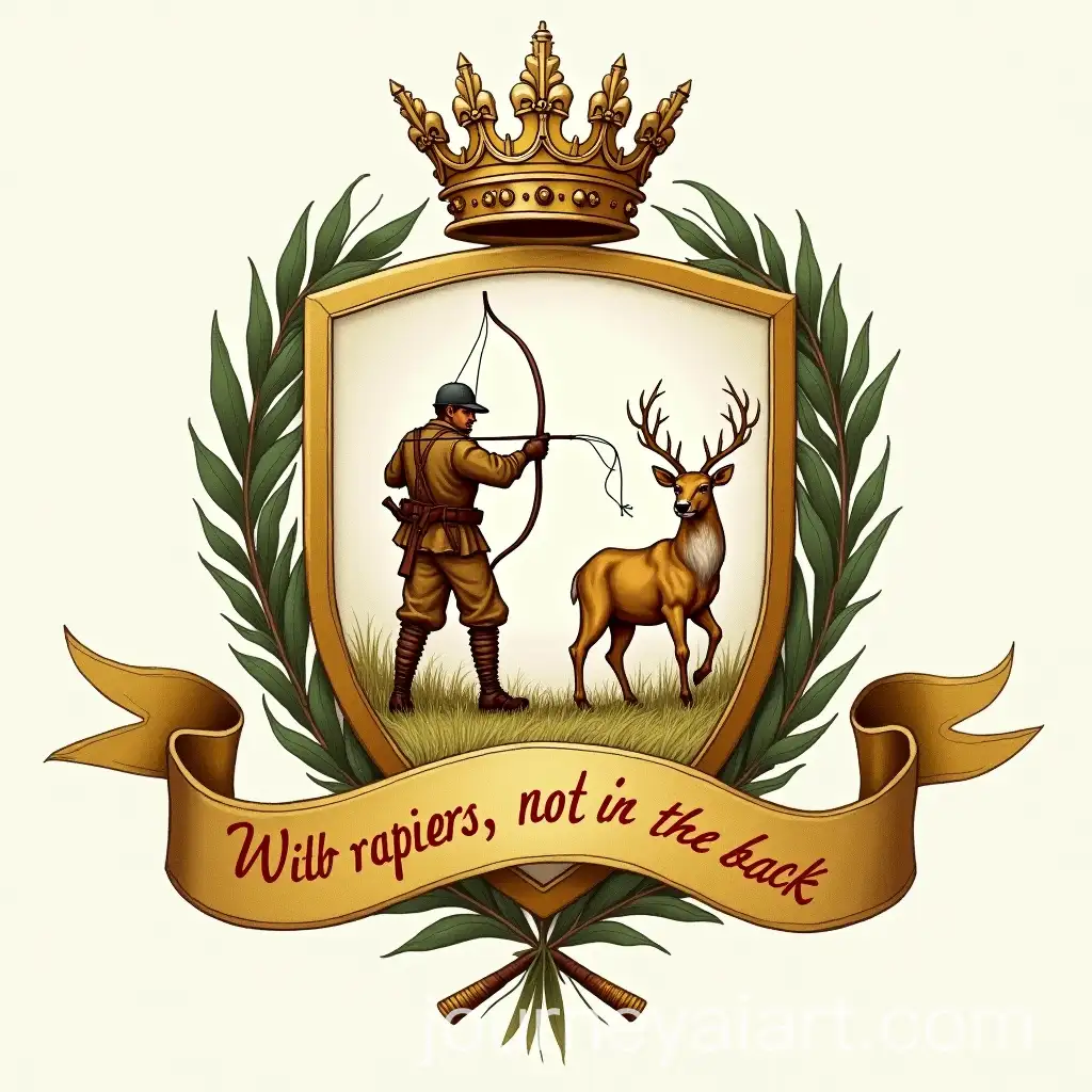 Hunter-Throwing-Lasso-at-Deer-on-Gilded-Shield-with-Crown-and-Ribbon