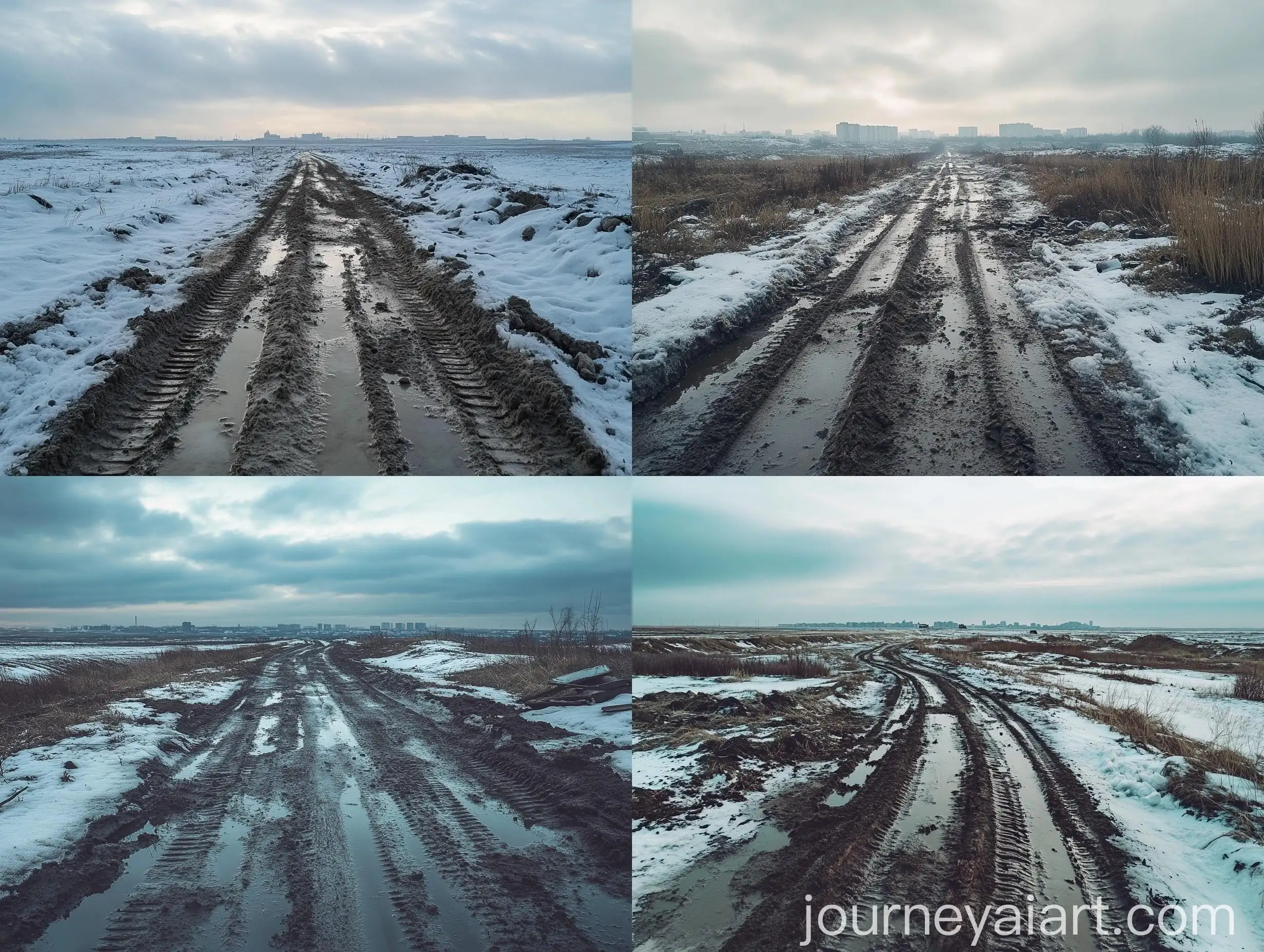 Desolate-Winter-Scene-Muddy-Road-through-Snowy-Russian-Steppes