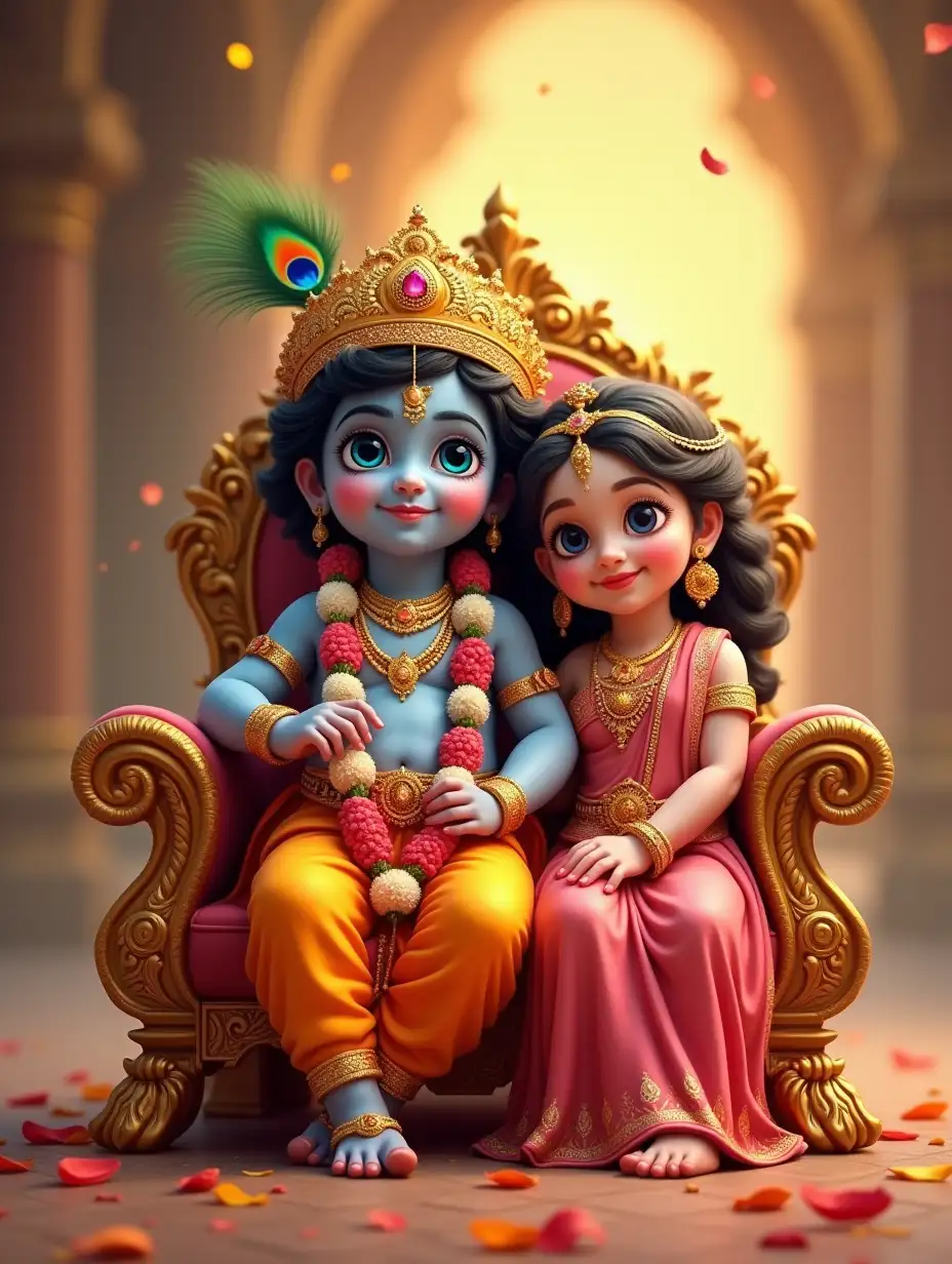 A beautifully detailed digital artwork depicting Lord Krishna as a child seated on a royal golden throne, adorned with a peacock-feather crown, traditional orange attire, and vibrant floral garlands. Beside him is a divine young girl, dressed in a pink traditional outfit with intricate jewelry, radiating charm. The background features a grand temple-like setting illuminated with warm golden lights and scattered flower petals for a divine atmosphere.