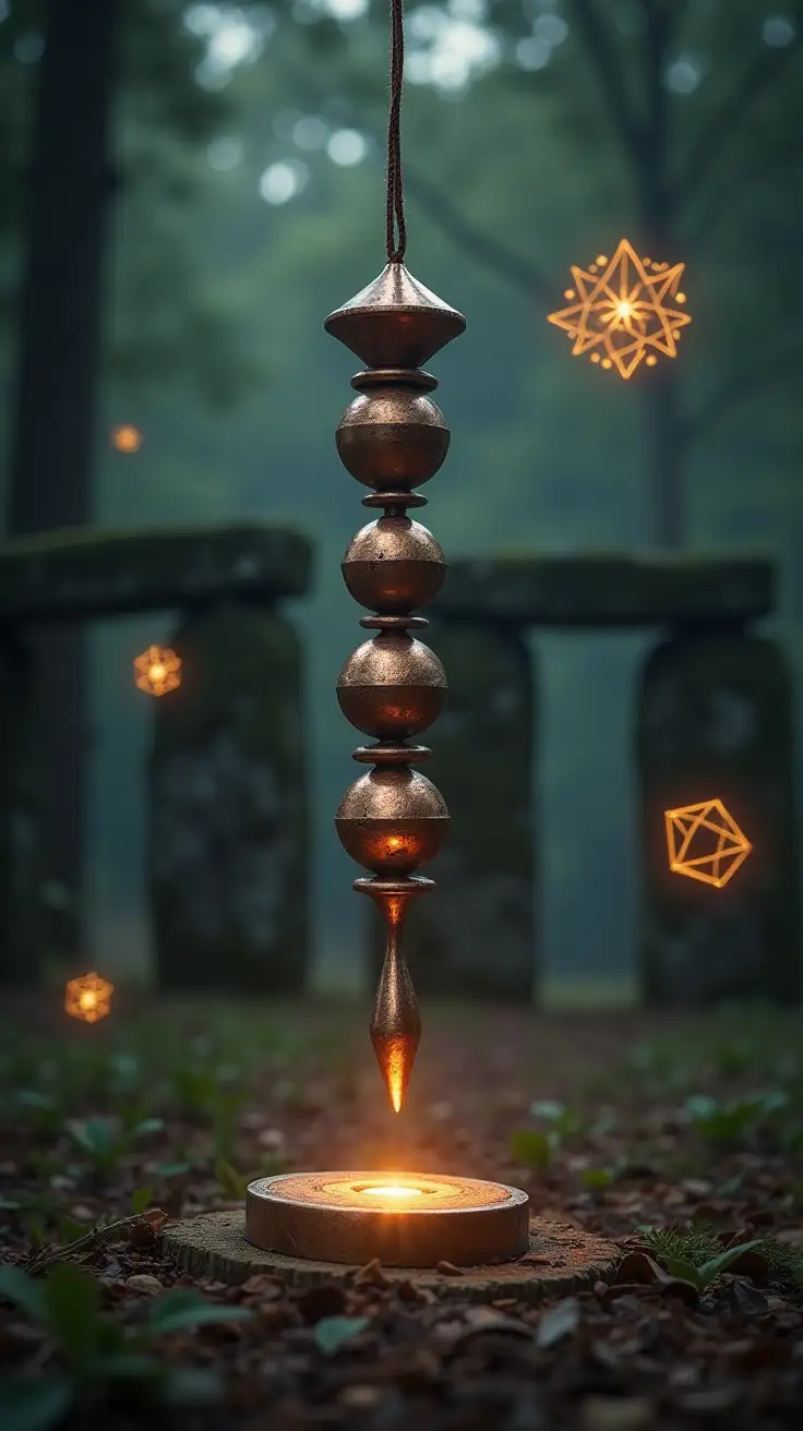 Create an image of a copper pendulum made up of domes and discs and with a pointed tip hanging from a cord in front of a mysterious Stonehenge in a dark grove with ancient geometric symbols floating around.