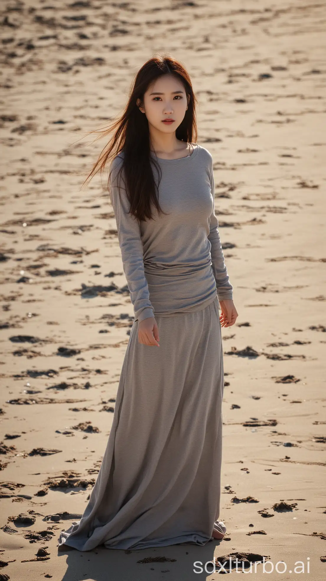 Chinese-Woman-in-Winter-Clothing-on-a-Winter-Beach-Backlit-with-Dusk-Light