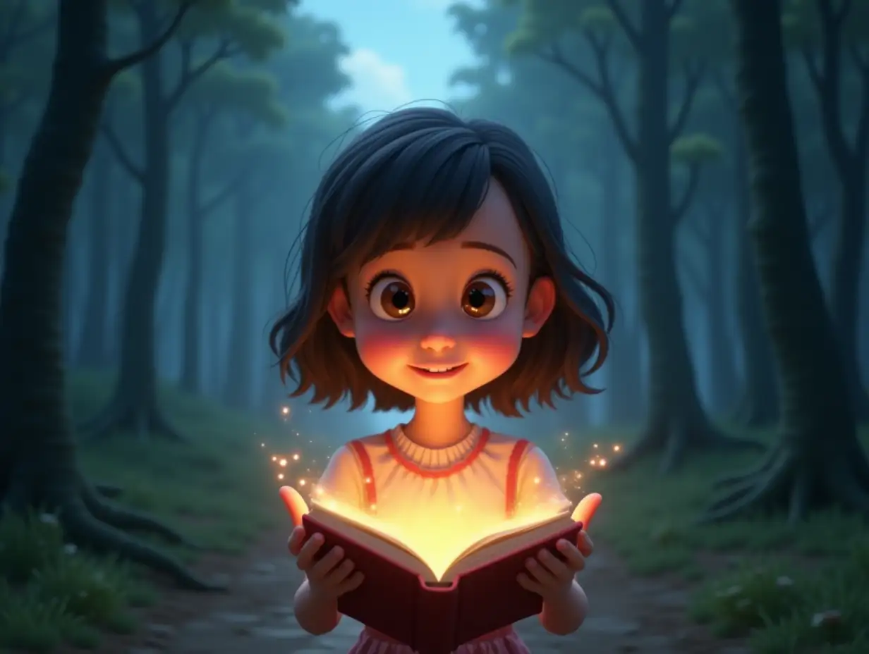 A two-year-old girl. Arms outstretched in front of her. Palms open. A book surrounded by soft light and a halo of glow on her palms. Magical atmosphere, with soft light around, creating a fairy tale mood. In the background - dense forest and clear blue sky. Pixar style.