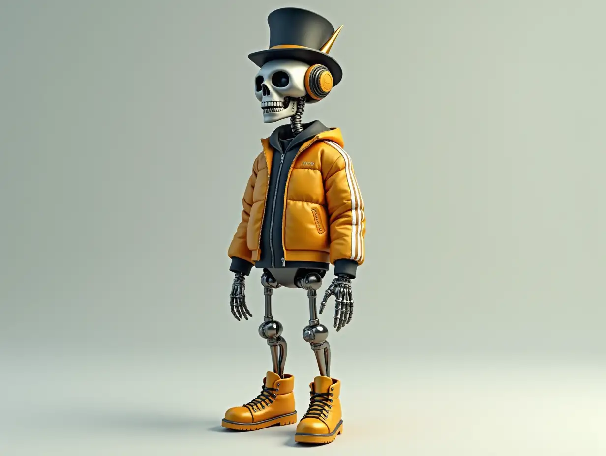 fashionable tracksuit. Create a high-resolution, realistic image of a robot with a skeletal body, golden leather boots and -head wearing a fashionable tracksuit, a top hat and a horn in 4K resolution