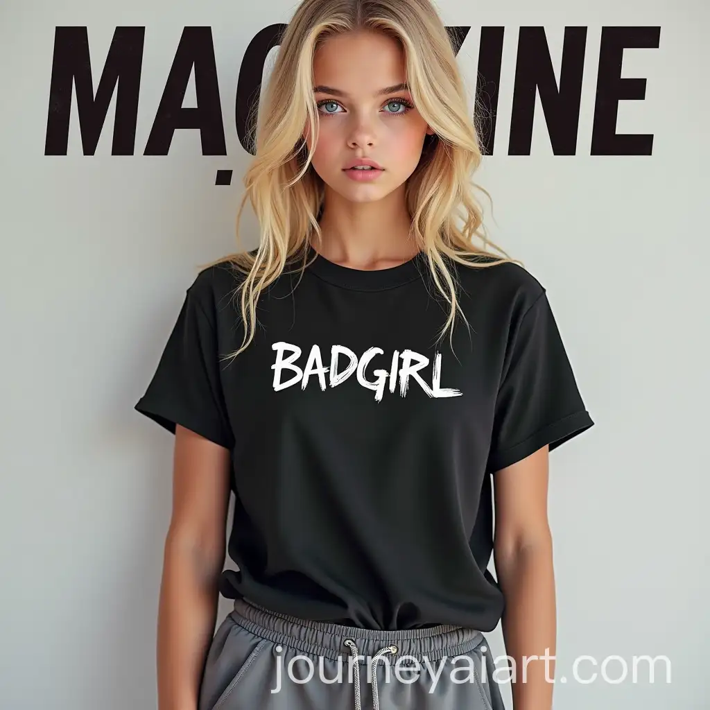 Blonde-Girl-in-Black-BADGIRL-Shirt-and-Gray-Sports-Pants-Magazine-Cover