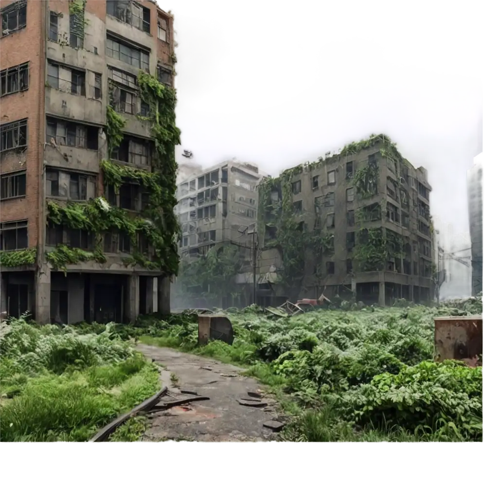 Generate a highly detailed post-apocalyptic cityscape reminiscent of The Last of Us Part 2. In the foreground, show remnants of civilization like collapsed street signs, abandoned cars overtaken by vegetation, and cracked, uneven roads. In the background, depict tall, dilapidated skyscrapers with shattered windows and overgrown ivy covering their facades. The scene should feel desolate and haunting, with nature reclaiming the urban landscape—trees breaking through concrete and vines growing up the sides of buildings. The atmosphere should evoke a sense of decay, with a cloudy, overcast sky and subtle mist in the air, hinting at the collapse of human society.