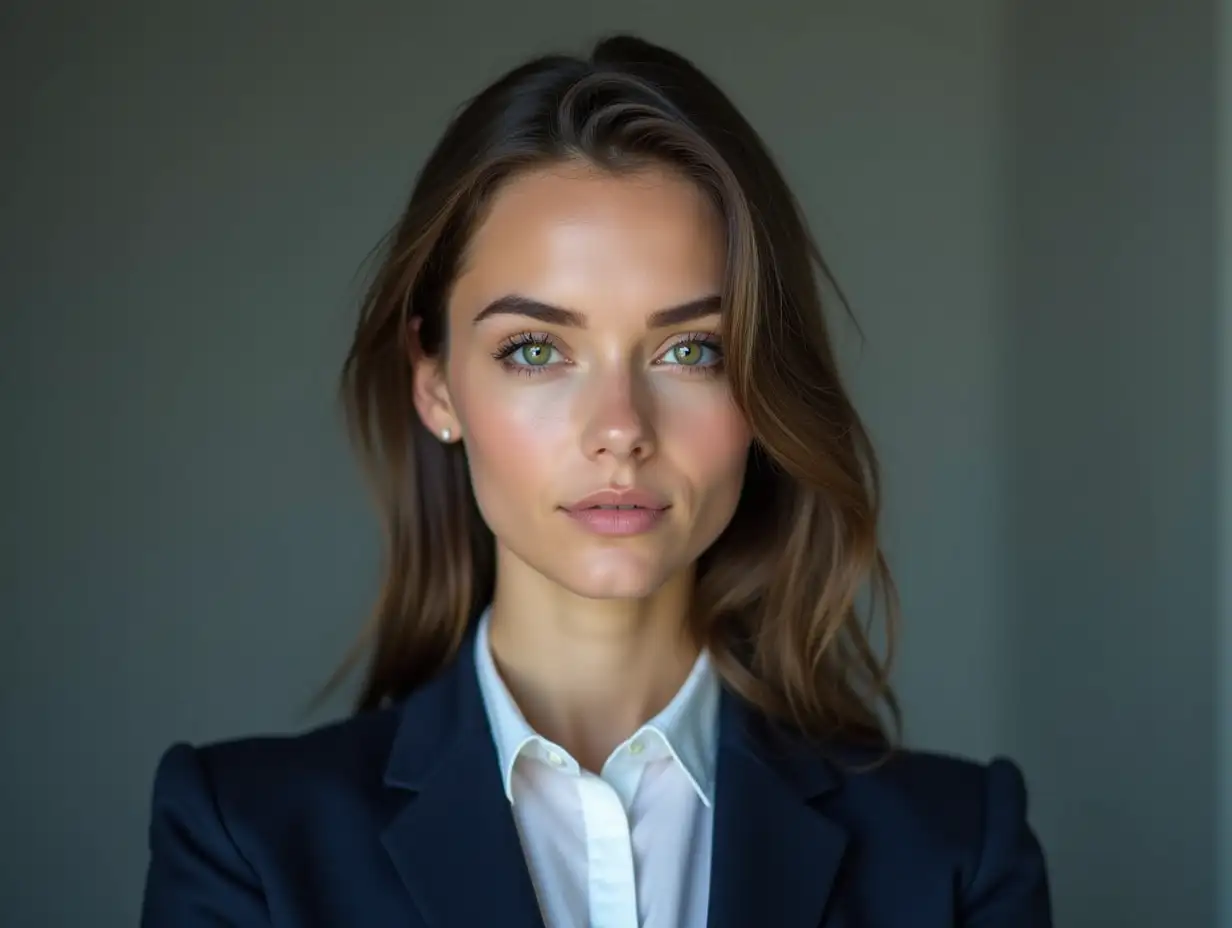 A young woman with sharp features and a confident demeanor, her tailored navy suit paired with a crisp white blouse exudes professionalism. Her piercing green eyes reflect ambition, while her meticulously styled hair frames her face with elegance.