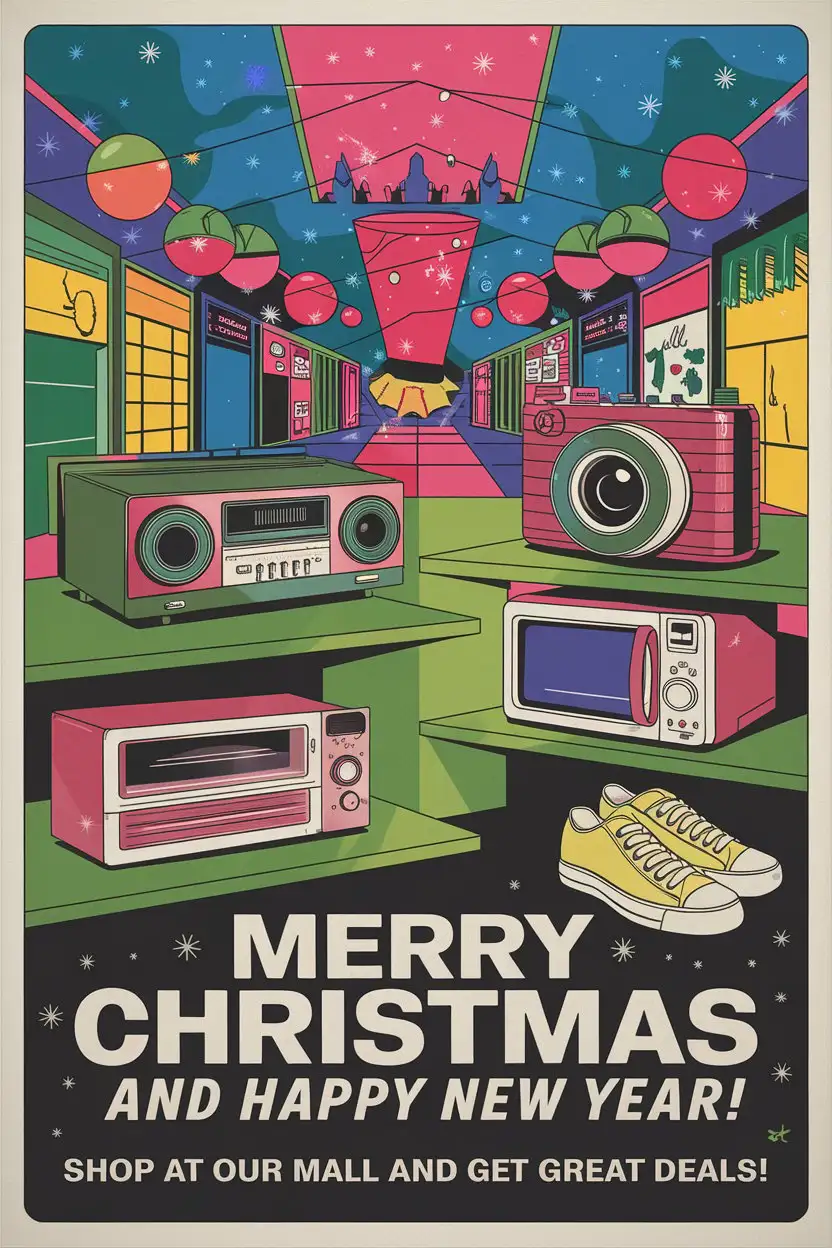 Christmas Shopping Mall Poster with 90s Retro Theme