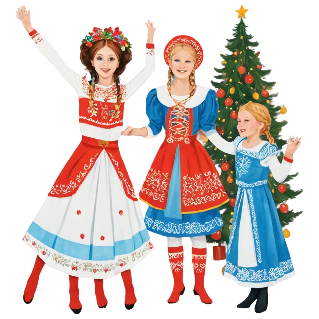 Vibrant-Cartoon-PNG-Image-of-Children-in-Russian-National-Costumes-Dancing-Around-a-Christmas-Tree