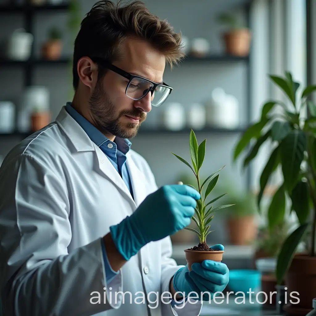 The scientist examines a plant in the lab in the morning.