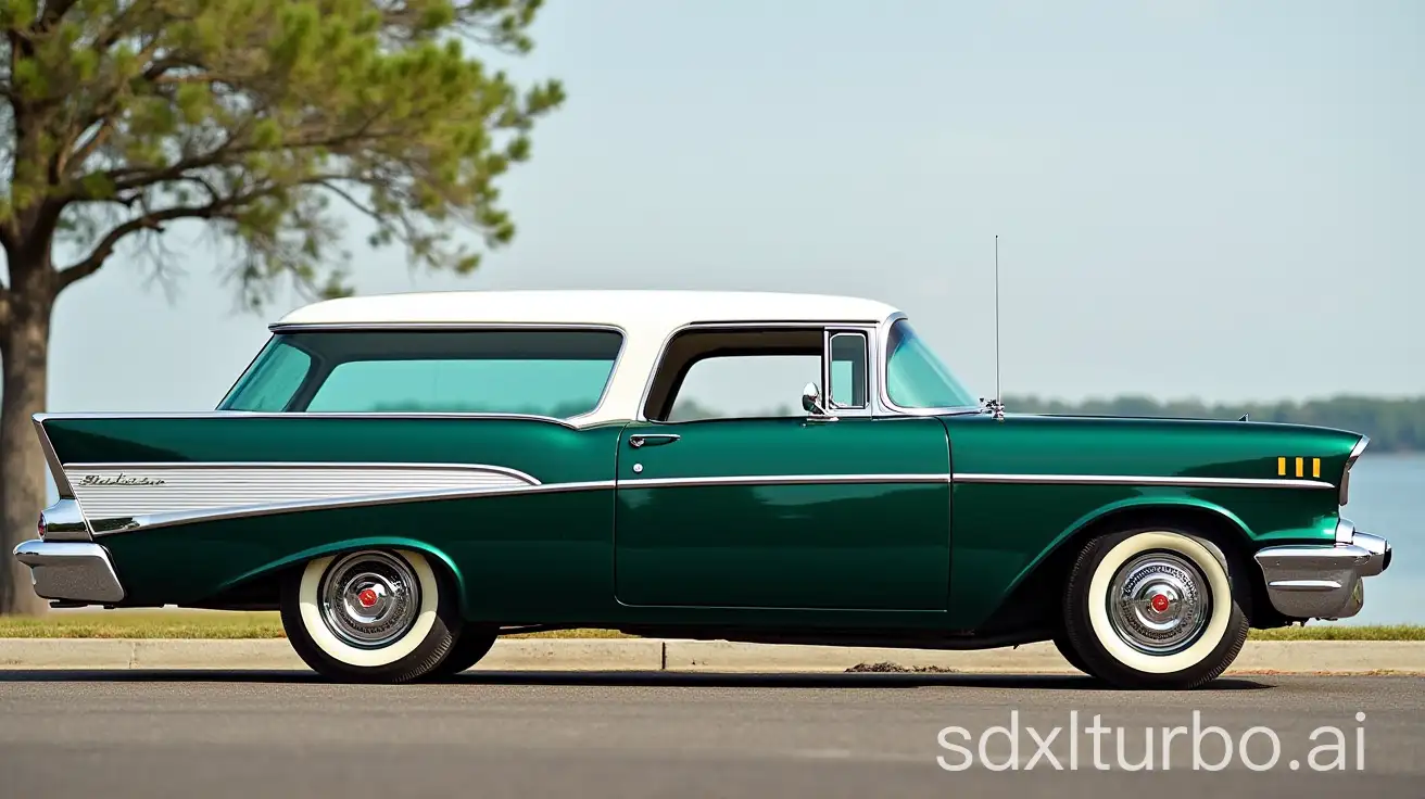 1957-Chevrolet-Nomad-Dark-Metallic-Green-with-White-Top-at-the-Lake-Side-View