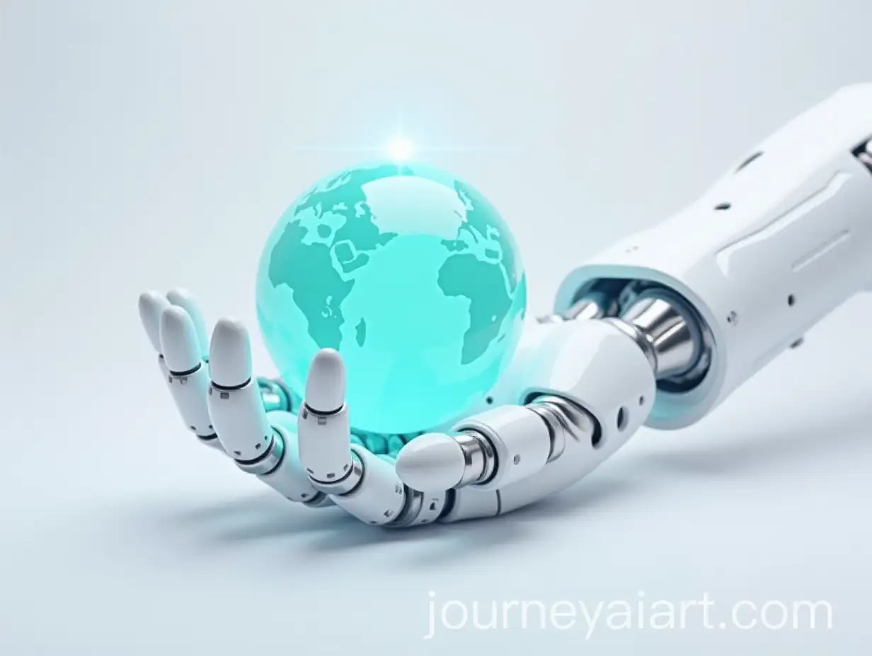 Closeup-of-Robot-Hand-Holding-Glowing-Levitate-Globe-with-Turquoise-Lighting