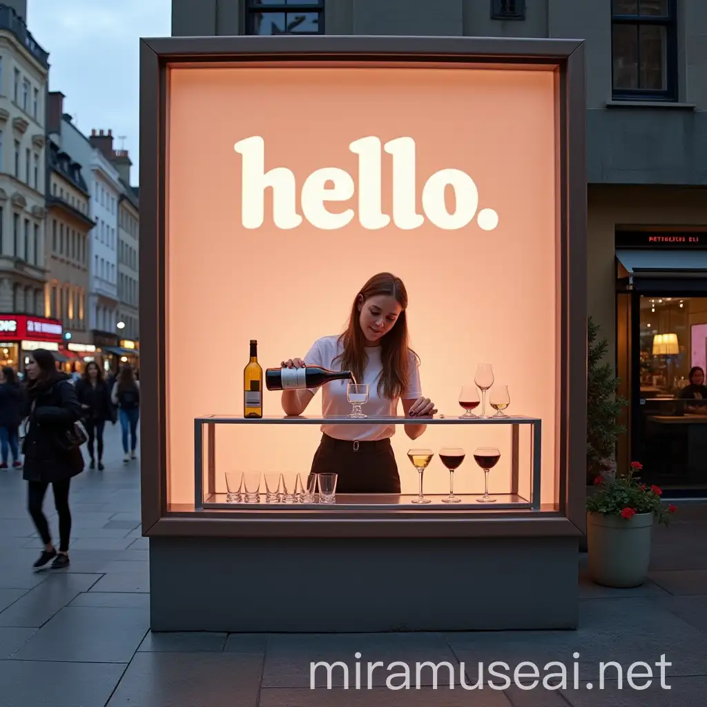 Young Woman Pouring Wine at a Large Billboard Bar Counter