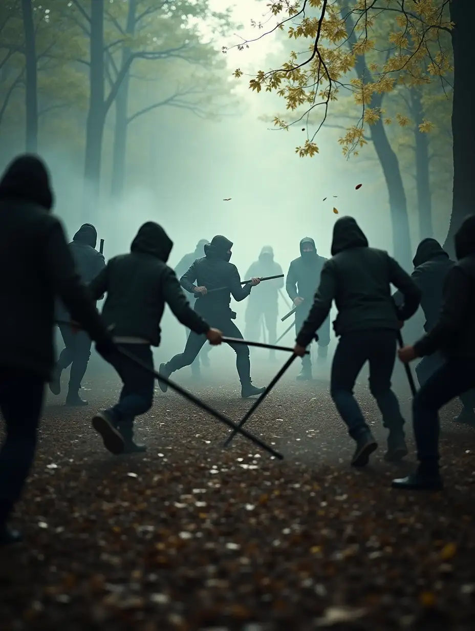 A sudden ambush in a dramatic setting, where attackers emerge from hidden positions. The scene is intense, with figures in dark, stealthy attire rushing forward, weapons in hand, ready to strike. The backdrop is a dense, misty forest, with sunlight filtering through the trees, casting eerie shadows. The air is filled with tension, as startled defenders scramble to respond, their movements chaotic and desperate. Leaves and dirt are kicked up in the fray, enhancing the sense of sudden violence and unpredictability. The atmosphere is both suspenseful and action-packed, capturing the shock of the unexpected attack.