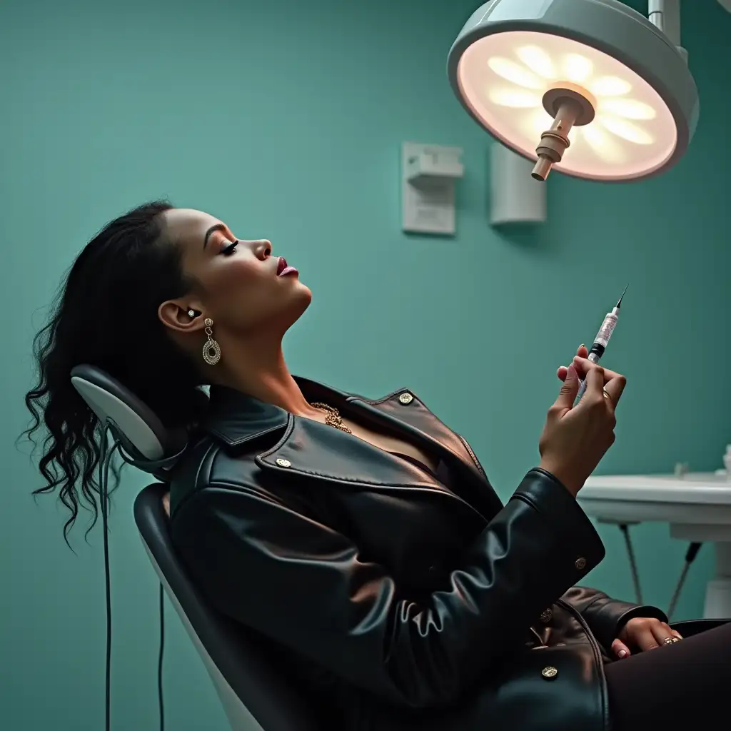 rihanna in dentist office, leather trench coat, medical fluid bag hanging behind, holding injection needle, laying back on dental chair