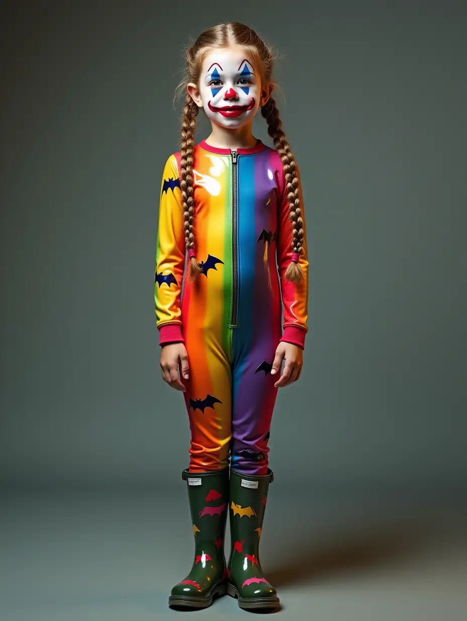 nerdy young caucasian girl with braided pigtails standing in rainbow bat patterned glossy plastic leotard with zipper and patterned wellington rubber boots, heavy clown make-up