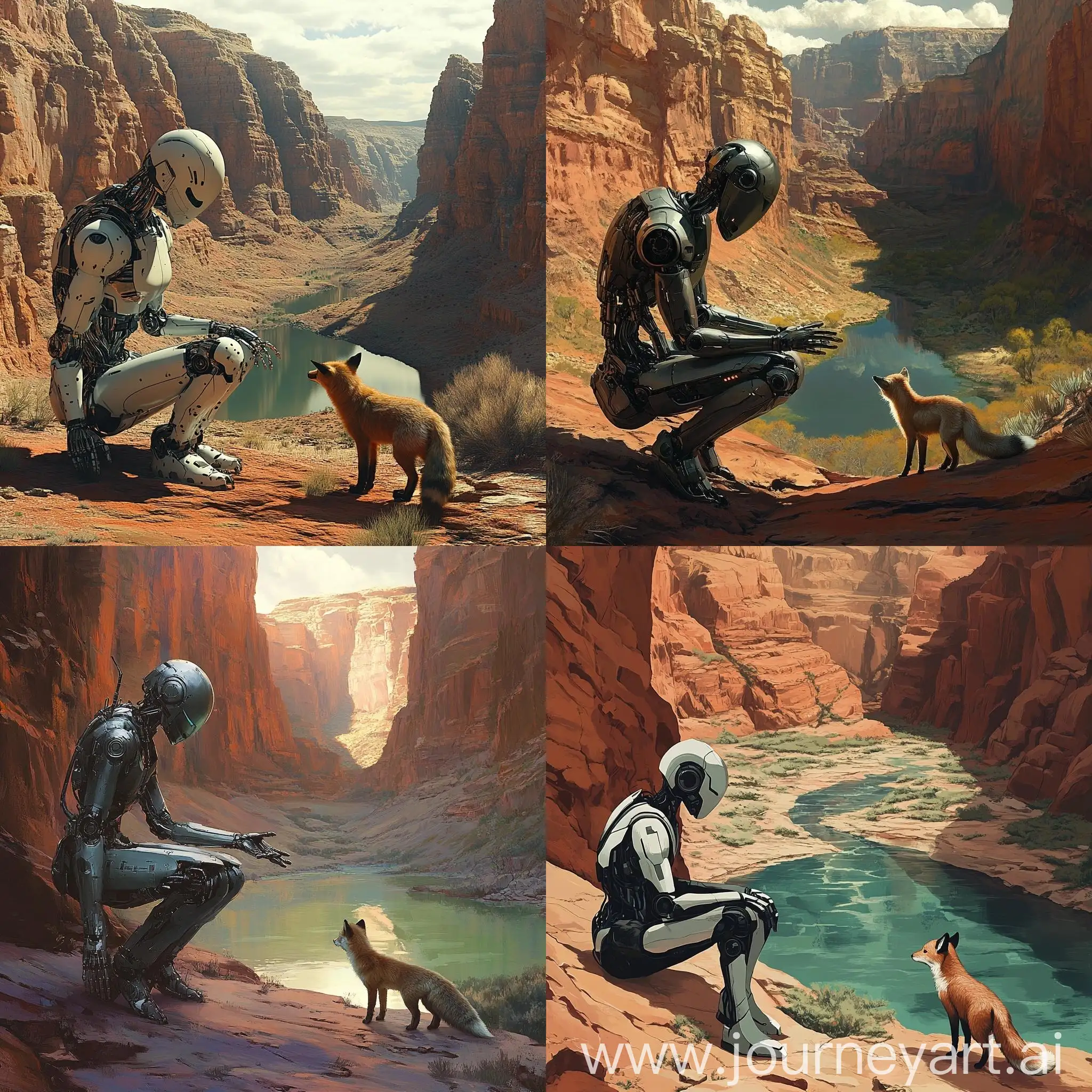 Sleek-Robot-Kneeling-in-Canyon-Landscape-with-Fox