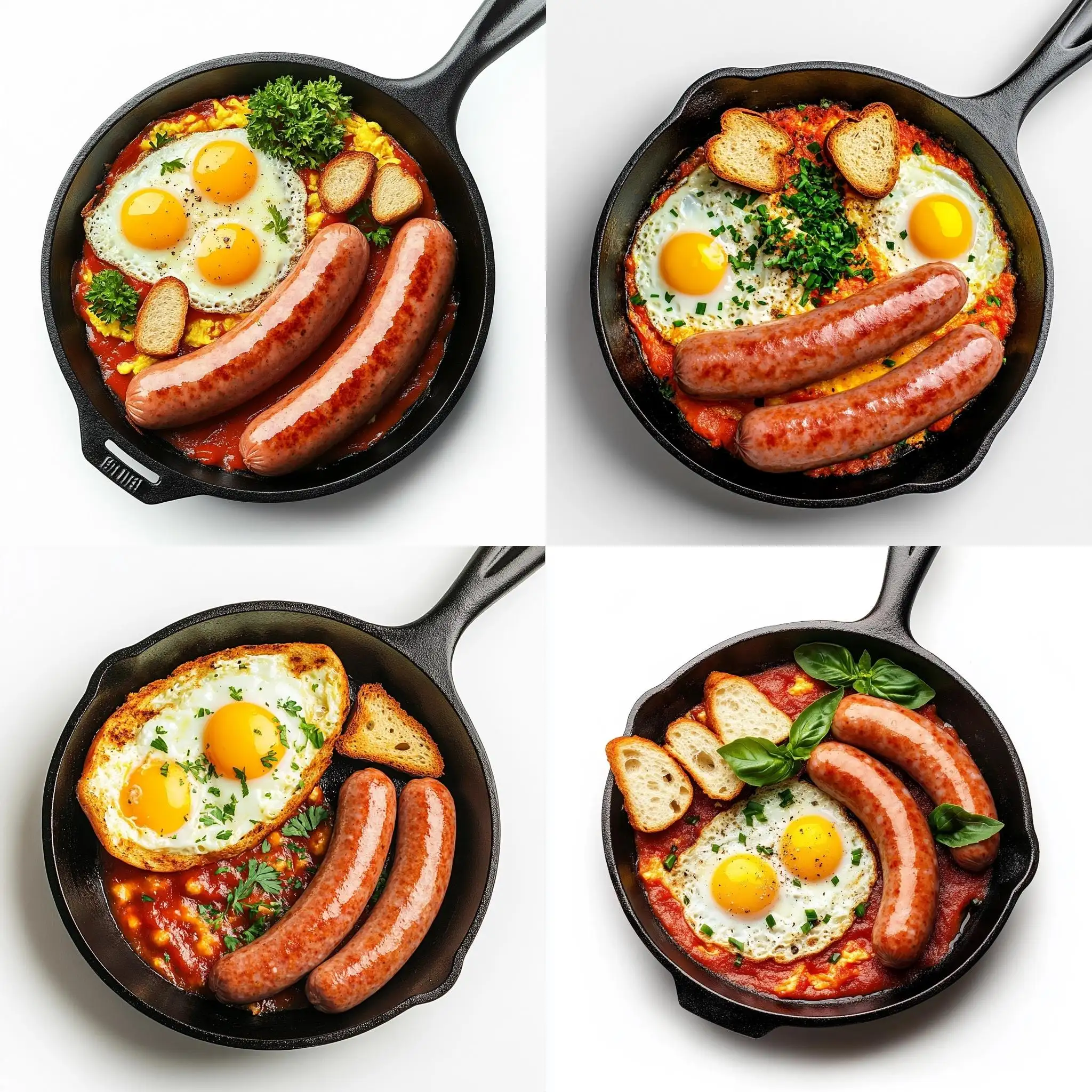 Delicious-Breakfast-with-Sausages-Scrambled-Eggs-and-Croutons-on-White-Background