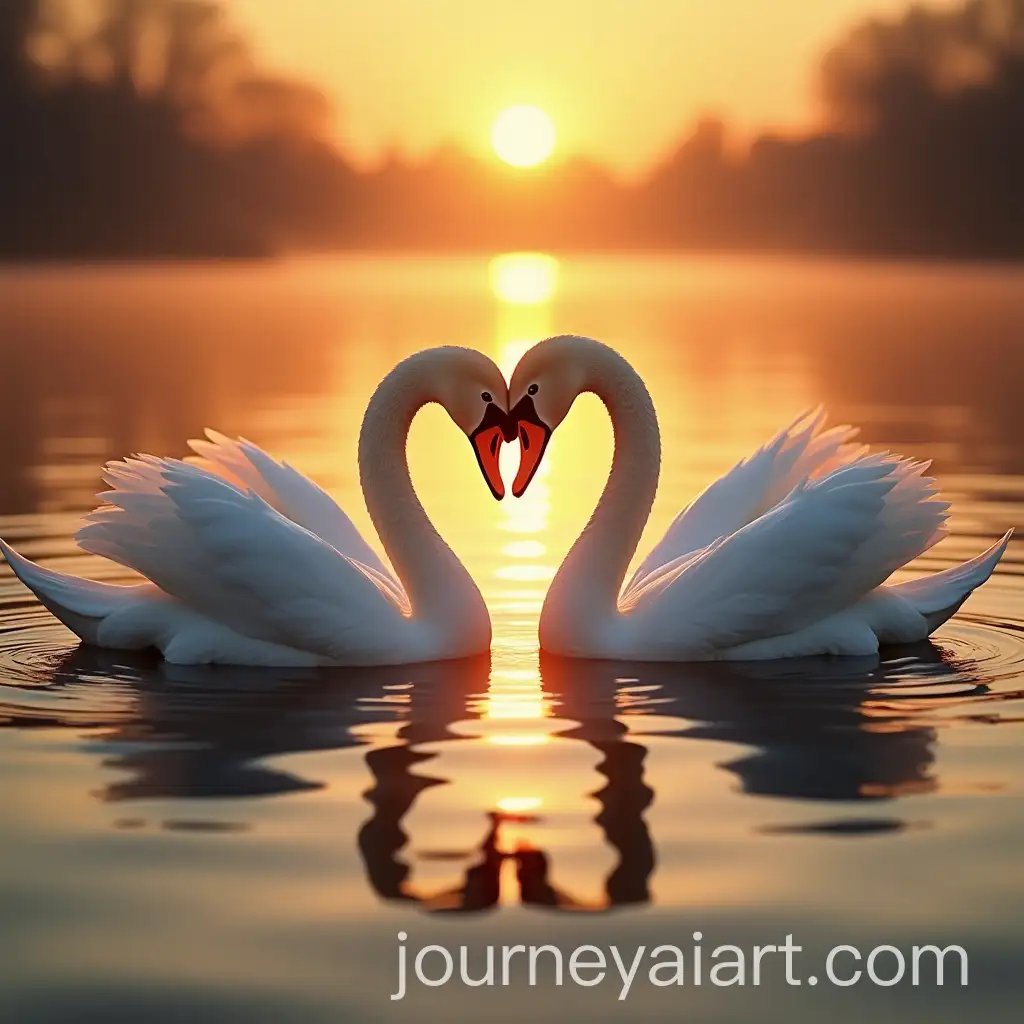 Two-White-Swans-Creating-a-Heart-Shape-on-Water-at-Sunrise