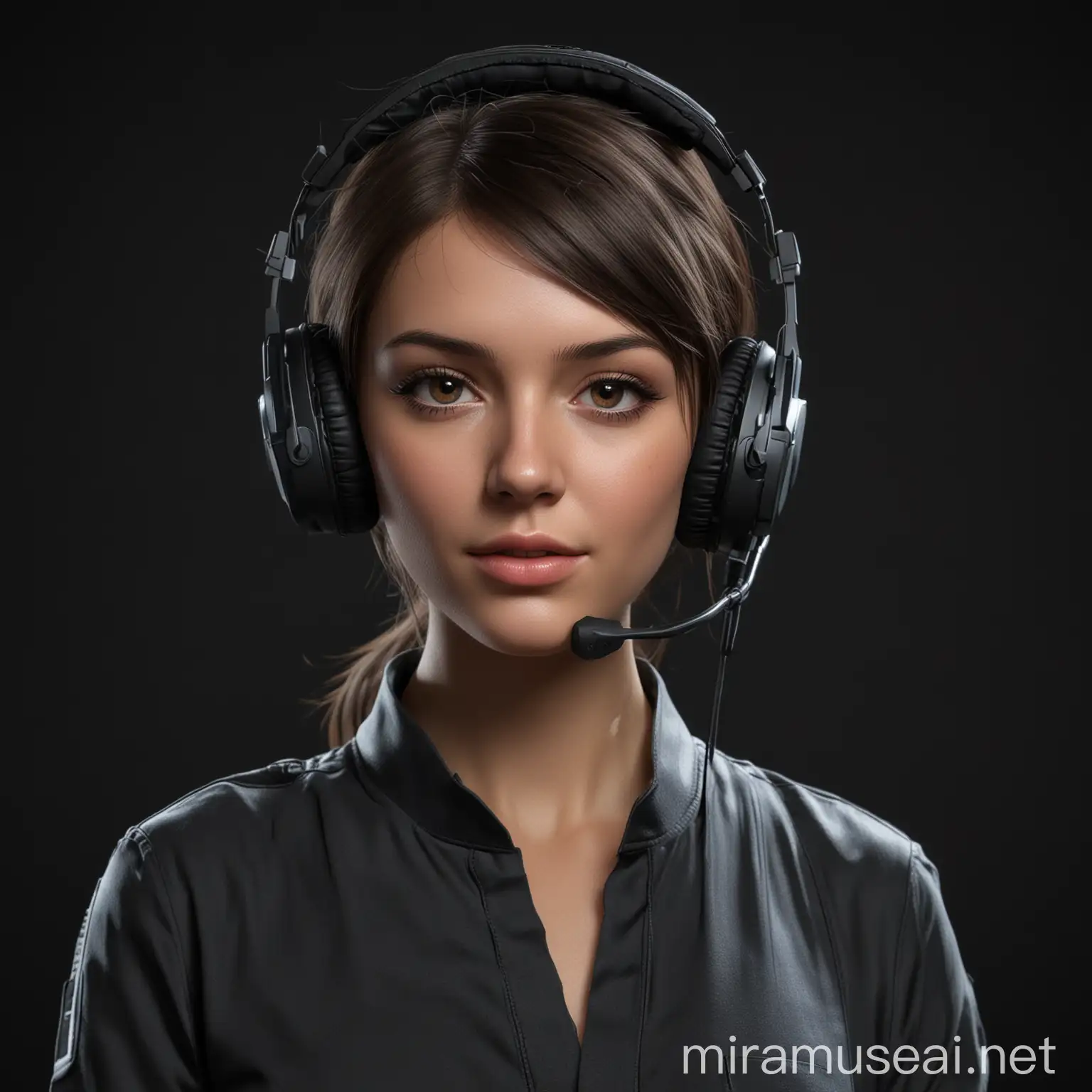 Brunette AI Gamer with Headset on Black Background