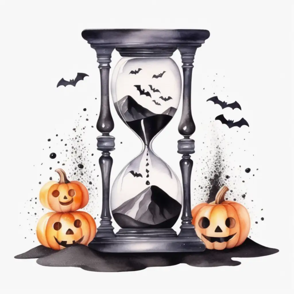 Aesthetic Watercolor Halloween Theme Hourglass with Falling Black Sand