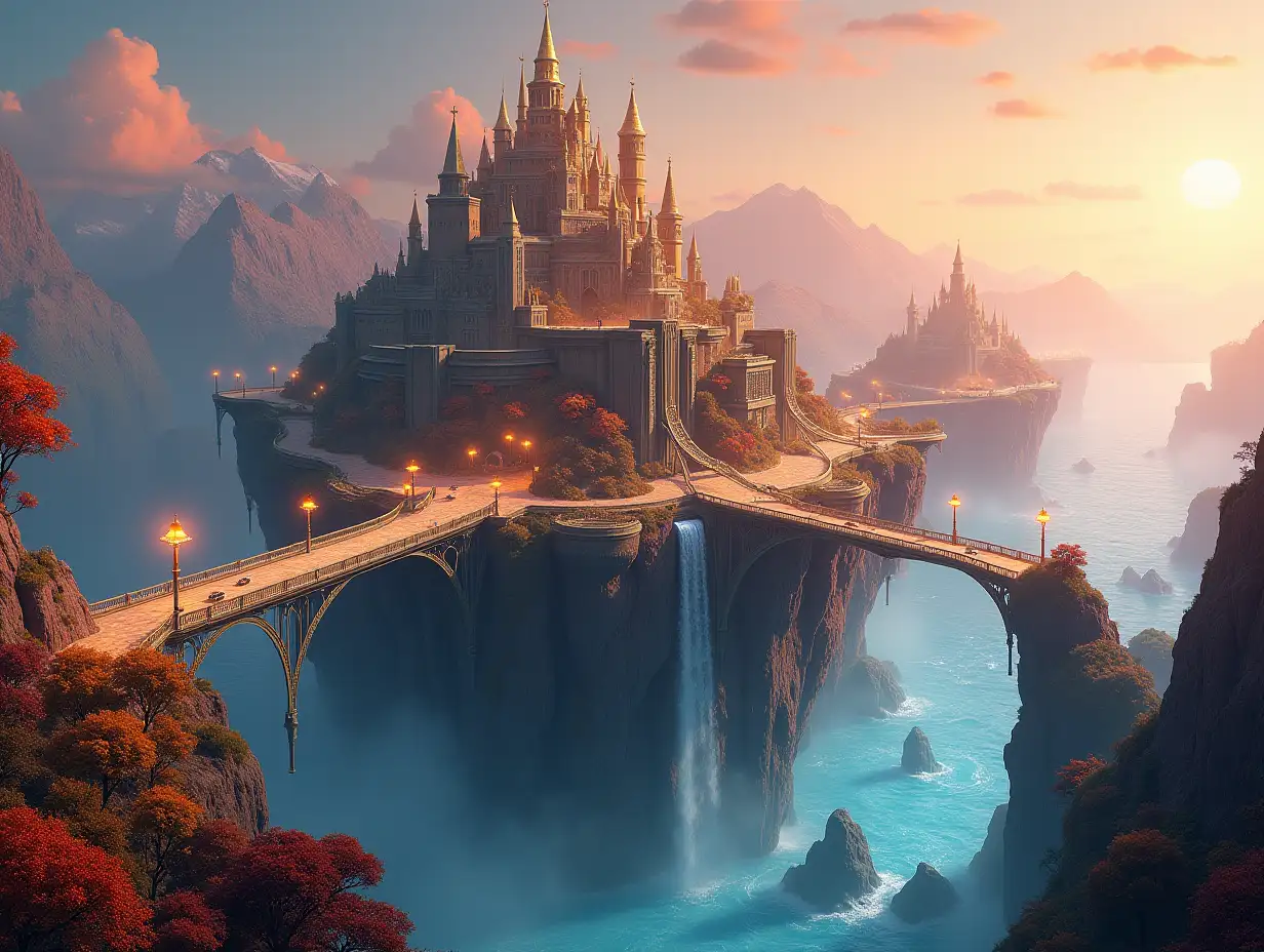 AI a Fantasy-style floating island world on Mars with very large waves, castle with golden towers, beautiful illuminated streets, a suspension bridge with connections to the mainland, with glowing lanterns and cars, with glowing headlights, colorful trees, waterfall, clear sky without clouds, panoramic image