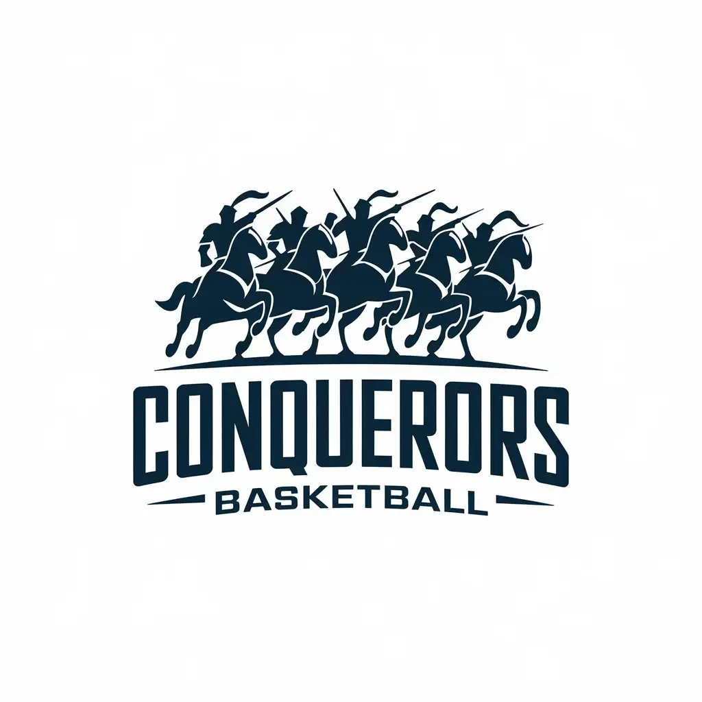 LOGO Design for Conquerors Basketball 5 Knights on Horses Charging into Battle Navy Blue Theme