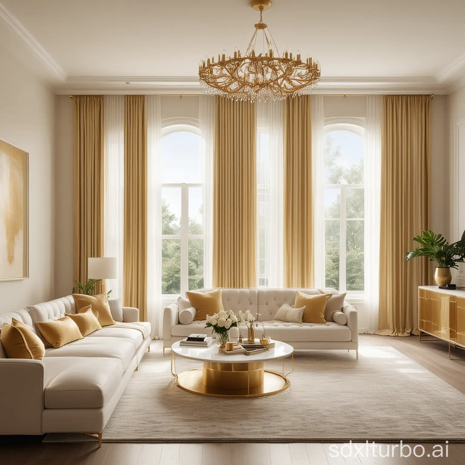 American luxury living room, camera facing window, gold details, minimalist arrangement