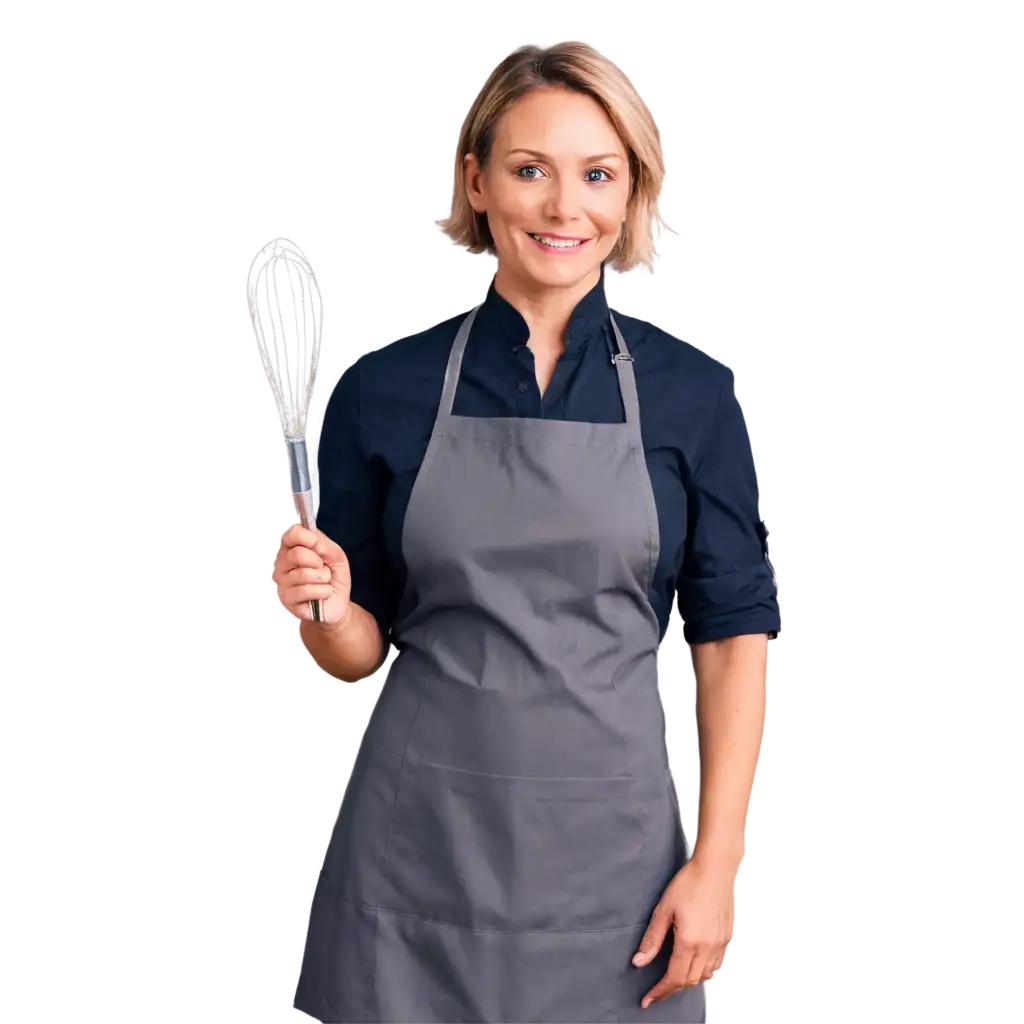 A professional-looking, 40-year-old American woman with blonde hair, wearing a modern chef's coat and apron in a well-lit, stylish kitchen. She should appear friendly and confident, holding a kitchen utensil like a whisk or spatula, with a warm smile. The kitchen background should include sleek countertops, fresh ingredients, and soft natural lighting, creating a welcoming and inspiring atmosphere