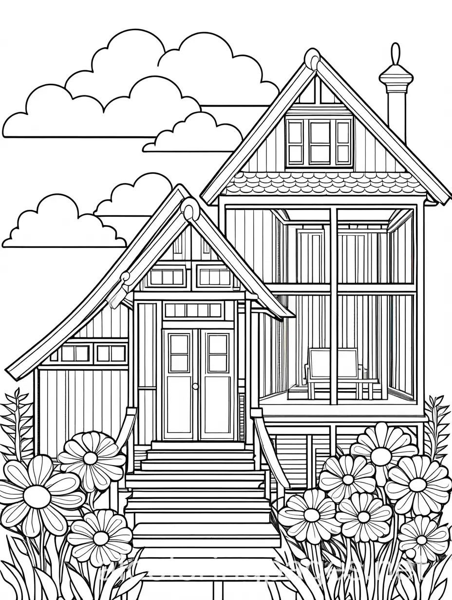 Three-Large-Flowers-Emerging-from-a-Small-House-Coloring-Page